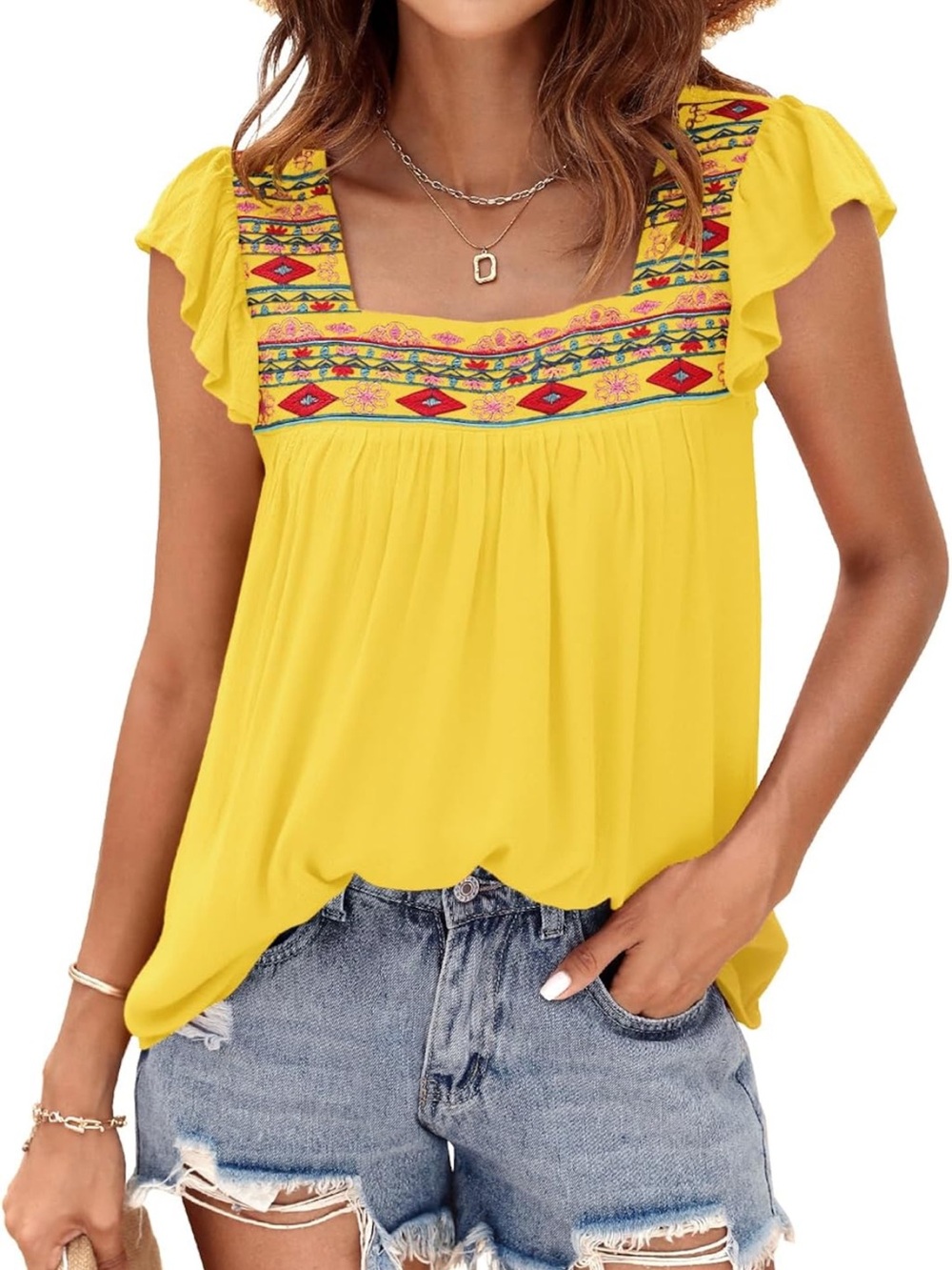 Amazon Yellow Embroidered Ruffle Flutter Sleeve 2 Layer Peasant Blouse